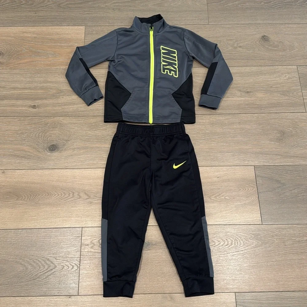 NIKE KIDS Gray Black Color Block Dri-Fit Full Zip Jacket Jogger 2-Piece Set 4T‎